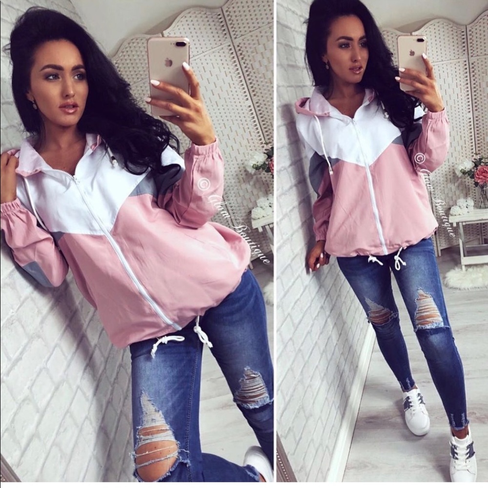 Windbreaker Hooded Panelled Pink Gray White Size Small